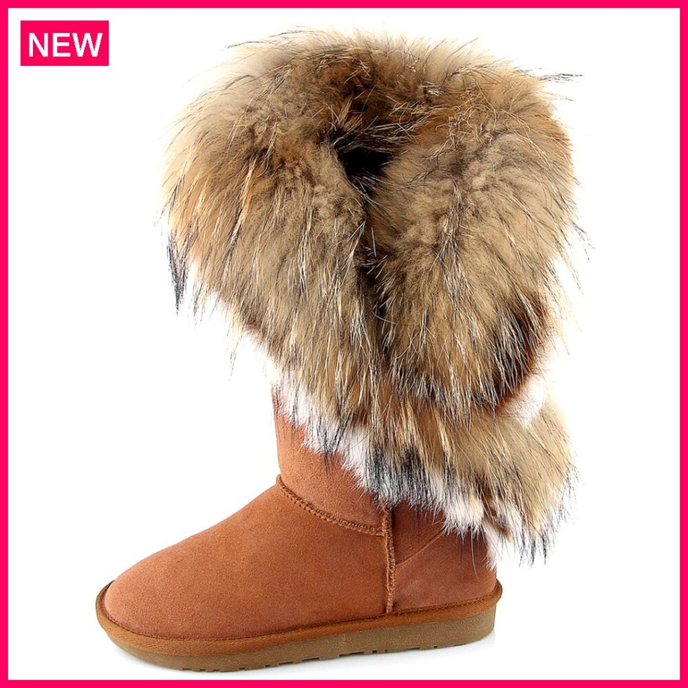 Women's Mid Calf Snow Boots, Cow Leather Fur, 11-Inch Shaft, Handmade